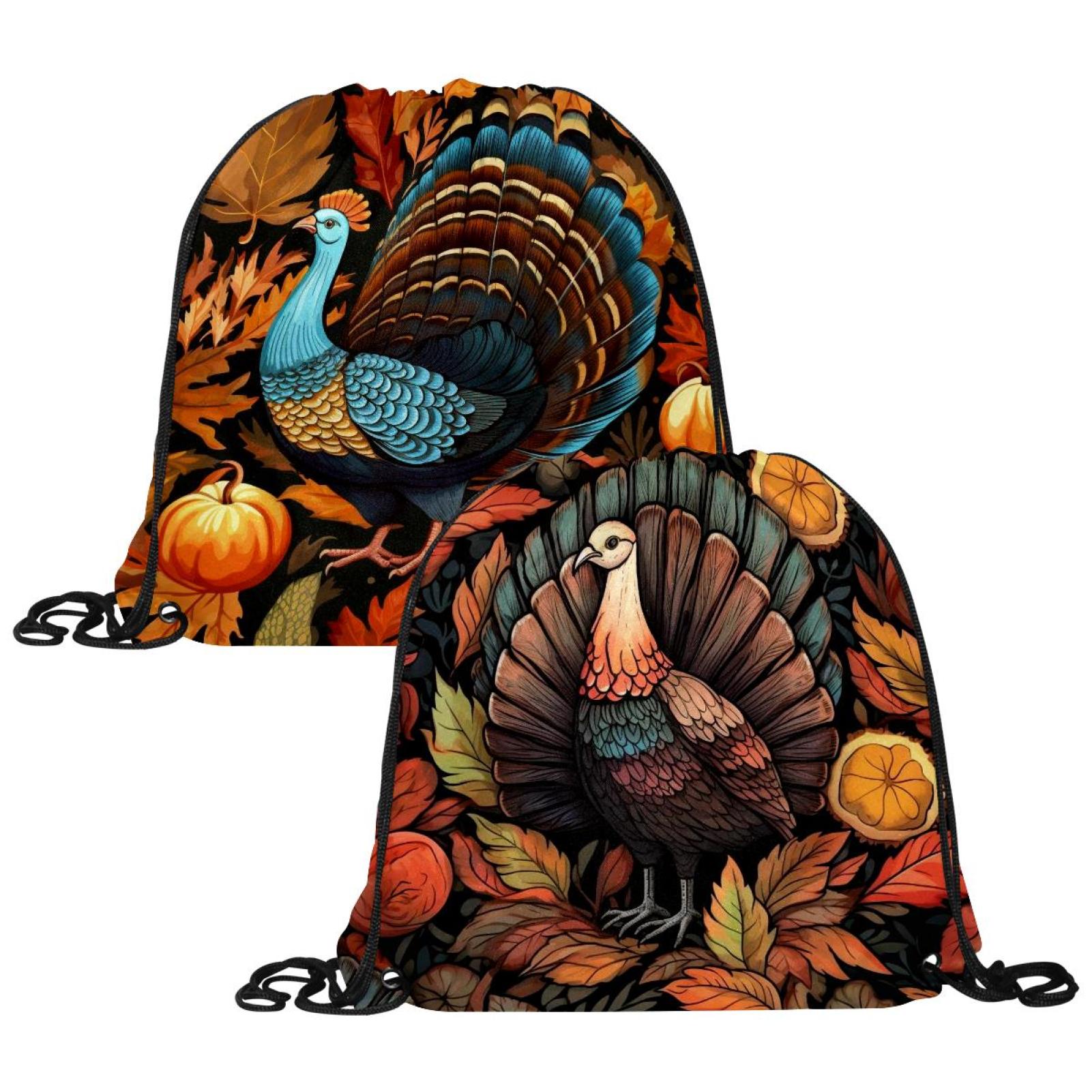 2 Pcs Thanksgiving Turkey Leaves Drawstring Backpack Drawstring Gym Bag