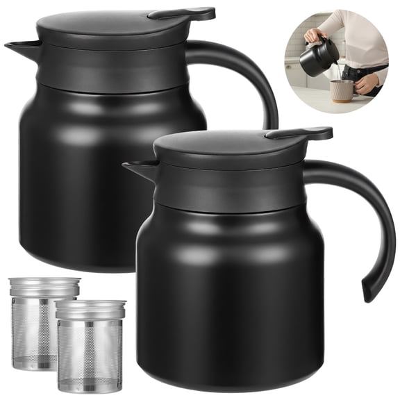 2 Pcs Thermal Coffee Carafe, 27 oz Double Wall Stainless Steel Tea Pot with Strainer, Leak-Proof V-Spout & & Non-Slip Base Design, Ideal for Hot/Cold Beverages, Milk, Tea (Black)