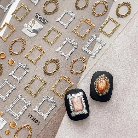 2 Pcs Three-Dimensional Embossed Retro Photo Frame Nail Art Stickers, Retro Design Nail Art Decals, Suitable for DIY or Nail Salon, Self-Adhesive Nail Art Material, Only for Women