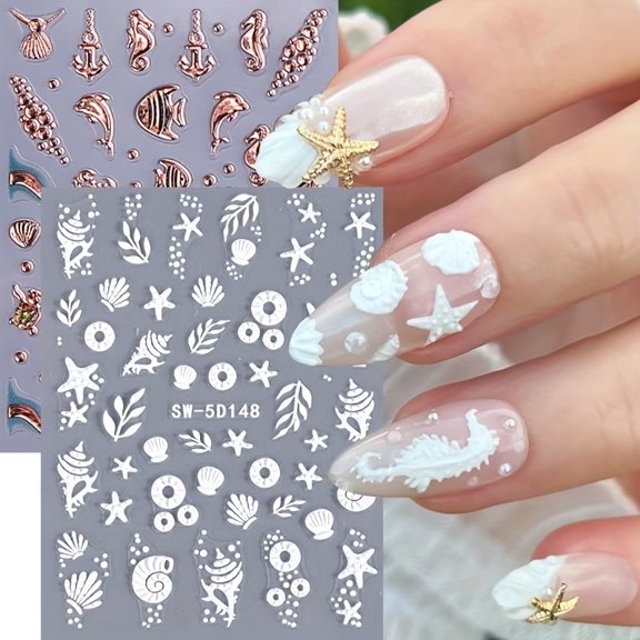 2 Pcs Three-Dimensional Embossed Sea Life Design Nail Stickers, Self-Adhesive Starfish and Shell Nail Stickers, for Summer Manicure