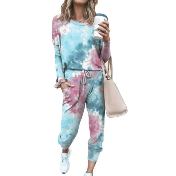 2 Pcs Tie Dye Tracksuit High Waist Sports Pants Long Sleeve and Pants Set Sport Outfits Active Fitness Yoga Set Sweatsuit Workout Athlestic Sport Suit Jogging Suit Womens Activewear Sweatpants