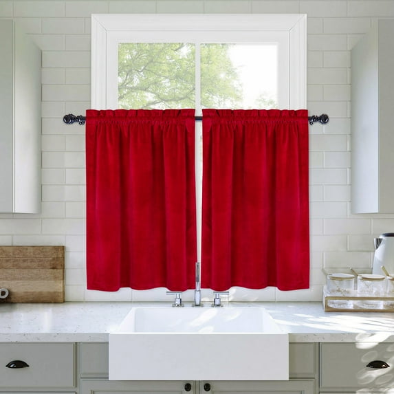 2 Pcs Tier Curtain, Rod Pocket Soft Luxury Velvet Shading Small Curtain