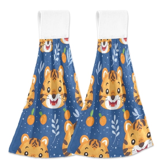 2 Pcs Tiger Face and Persimmon Kitchen Hand Towels with Hanging Loops Absorbent Soft Fast Drying Decor Bath Towels