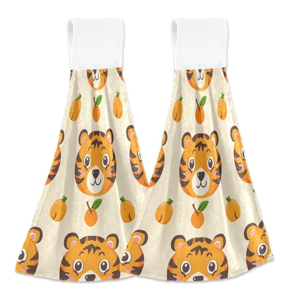 2 Pcs Tiger Face with Persimmon Kitchen Hand Towels with Hanging Loops Absorbent Soft Fast Drying Decor Bath Towels