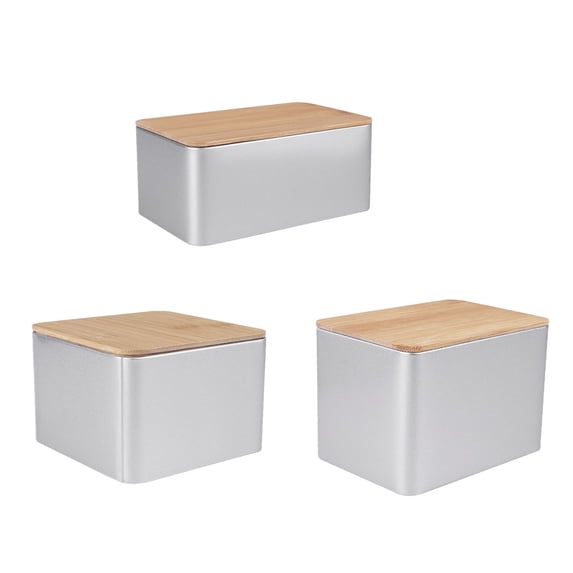 2 Pcs Tinplate Can Storage Container Biscuit Metal with Lid Kitchan Pantry Bamboo Wooden
