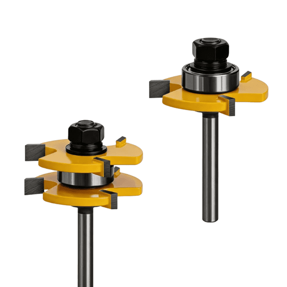 2 Pcs Tongue and Groove Router Bit Set, 1/4" Shank T-Shape 3 Teeth Wood Milling Cutter for 3/4" Stock 1/2" Cutting Depth