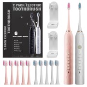 2 Pcs Toothbrush Electric with Holders, 12 Sonic Toothbrush Heads Replacement, 6 Modes, IPX7 Waterproof, Smart Timer, 2 Hours Charge for 60 Days (Pink & White)