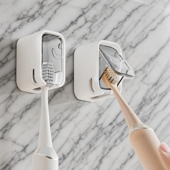 2 Pcs Toothbrush Holders for BathroomUpgrade Single Slot Design Toothbrush Holder Wall Mounted with Cover, Self-Adhesive Tooth Brush Storage Organizer for Family and Travel (2, Grey)