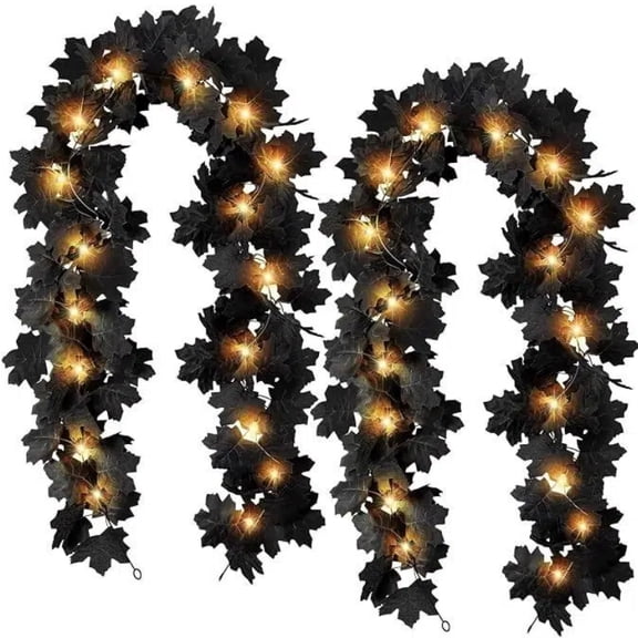 2 Pcs Total length 13.12Ft Black Leaf Garland with Yellow Lights, Halloween Artificial Hanging Fall Floral Vine, Thanksgiving Decor for Home Wedding Party