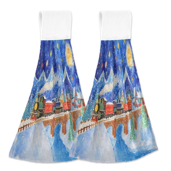 2 Pcs Train in Winter Kitchen Hand Towels with Hanging Loops Absorbent Soft Fast Drying Decor Bath Towels