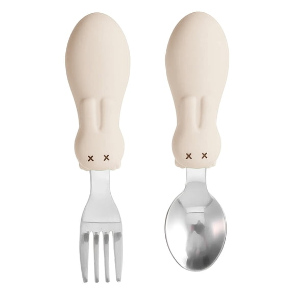 2 Pcs Training Silverware Mini Utensils Small People Silverware for Stainless Steel Fork and Spoon Set with Handle Forks/Sporks for Self-Feeding, 4.68x1.14 Inch, Beige
