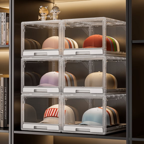 2 Pcs Transparent Plastic Baseball Cap Storage Boxes, Stackable Dust-Proof Hat Organizer with Shaping Design, Each Holds 12 Hats for Closet Use