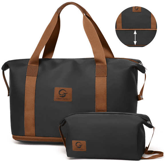 CshidWorld Expandable Women's Travel Duffle Bag - Waterproof Yoga Gym Weekender Overnight Bag with Wet Pocket & Toiletry Bag, Carry-On Duffel Tote for Business Trips, Sports, Hospital (Black)