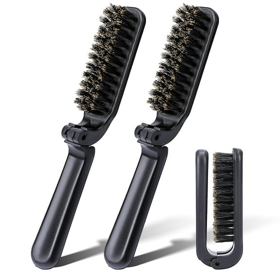 2 Pcs Travel Folding Boar Bristles Hair Brush, Collapsable Pocket Anti-Static Range Mini Beard and Hair Styling Tool for Women and Men (Black)