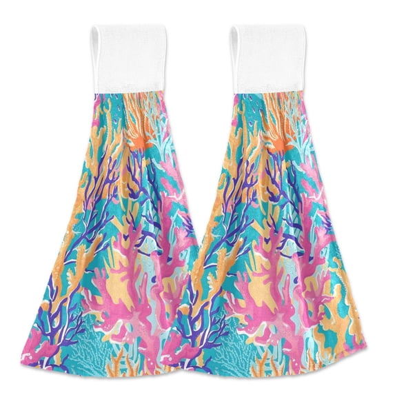 2 Pcs Tropical Coral Reef Kitchen Hand Towels with Hanging Loops Absorbent Soft Fast Drying Decor Bath Towels