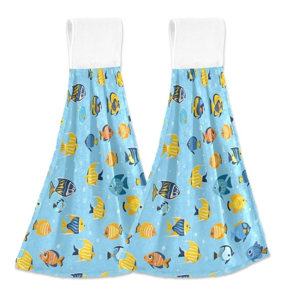2 Pcs Tropical Fish Swimming Kitchen Hand Towels with Hanging Loops Absorbent Soft Fast Drying Decor Bath Towels