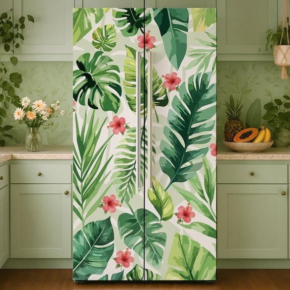 2 Pcs Tropical Plants Door Refrigerator Wraps Self-Adhesive Refrigerator Wrap Set Removable Fridge Sticker Fridges Panel Cover Sticker
