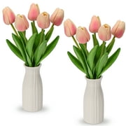 2 Pcs Tulips Artificial Flowers with White Ceramic Vase Faux Pink Flowers Tulips Dining Table Centerpiece Home Decor