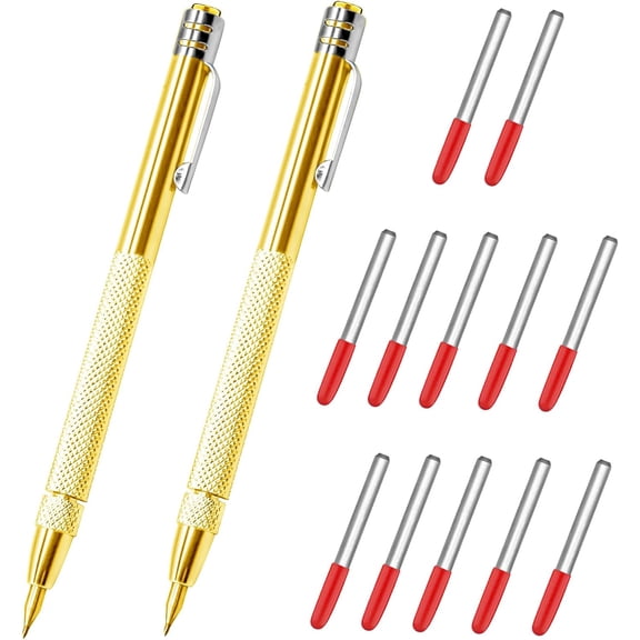 2 Pcs Tungsten Carbide Tip Scriber With 12 Replacement Marking Tip, Aluminium Magnet Carbide Scribe Tool etching Scribe Pen With Clip, Metal Engraving Pen for Glass / Ceramics / Hardened Steel(Gold)