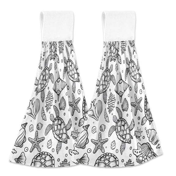2 Pcs Turtles Shells Starfish Line Kitchen Hand Towels with Hanging Loops Absorbent Soft Fast Drying Decor Bath Towels