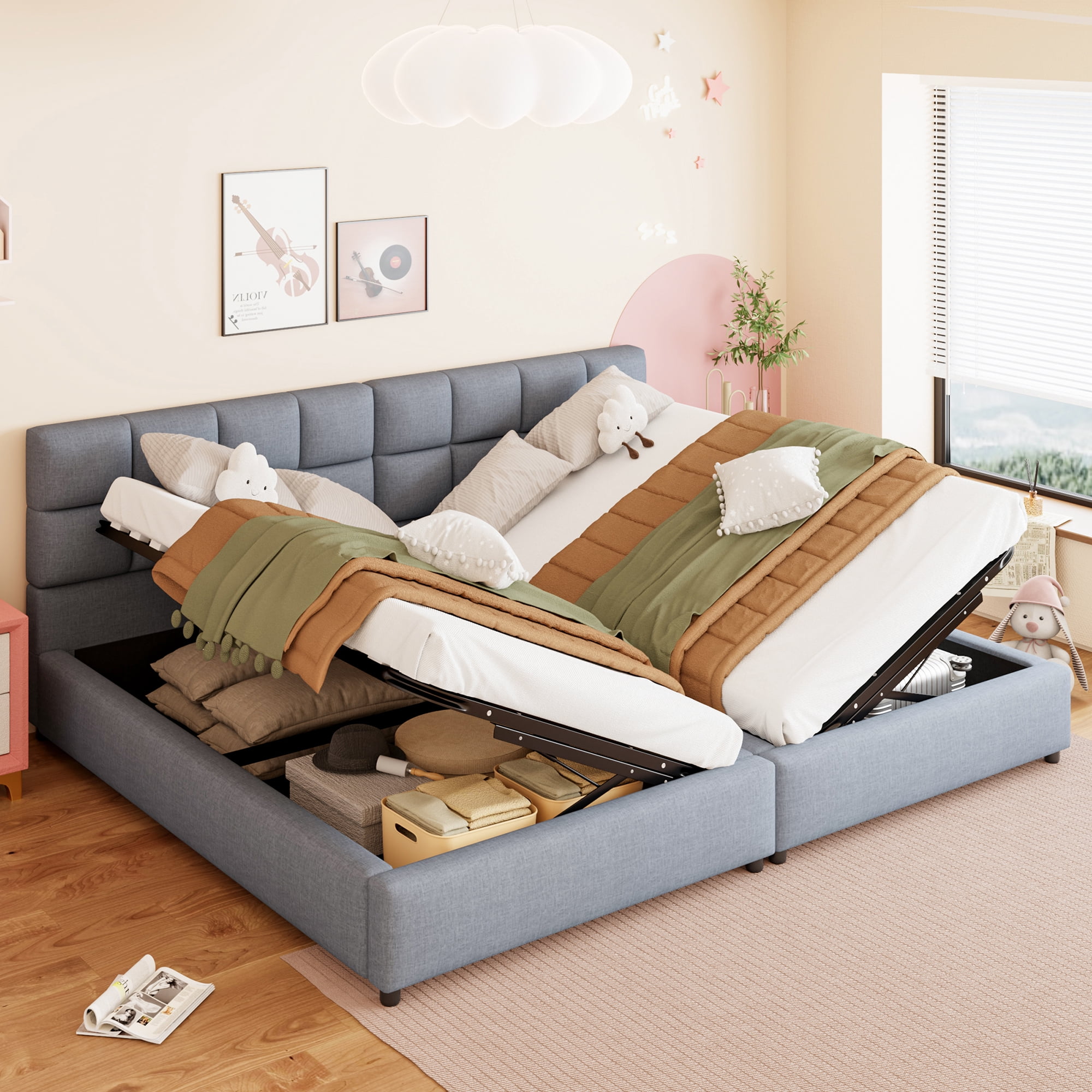 2 Pcs Twin Size Upholstered Platform Bed with Underbed Hydraulic Storage System