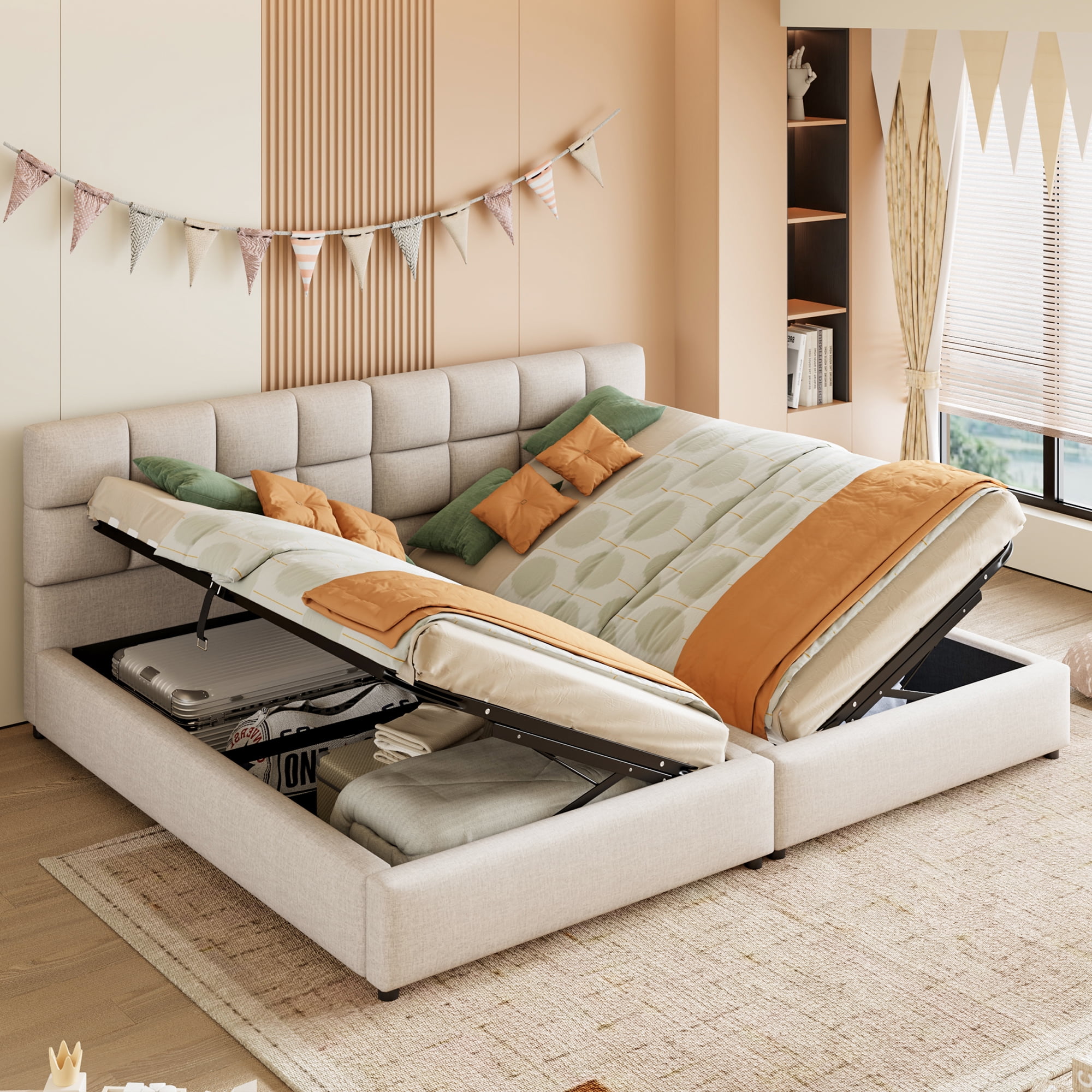 2 Pcs Twin Size Upholstered Platform Bed with Underbed Hydraulic Storage System