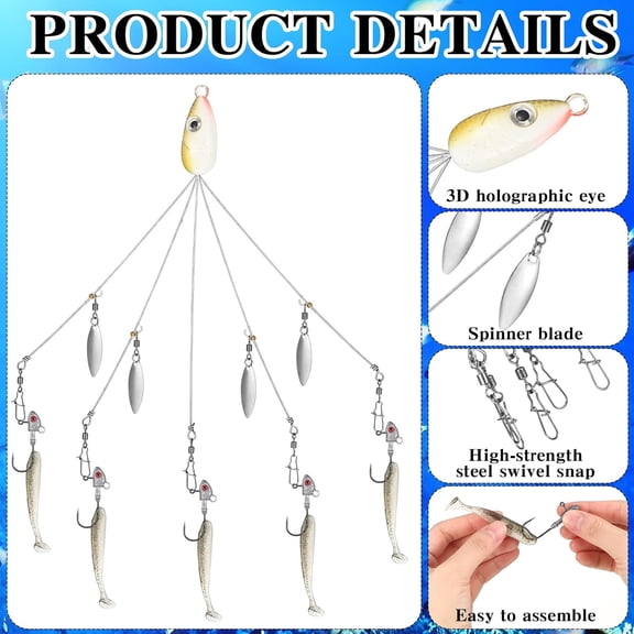 2 Pcs Umbrella Rig Fishing Lure Bass Bait Kit 5 Arms Baits Multi Lure Rigs for Trout Perch Walleye Freshwater Saltwater Boat Trolling$$Sport & Recreation Other