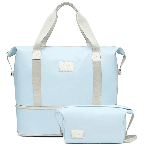 CshidWorld Expandable Women's Travel Duffle Bag - Waterproof Yoga Gym Weekender Overnight Bag with Wet Pocket & Toiletry Bag, Carry-On Duffel Tote for Business Trips, Sports, Hospital (Blue)