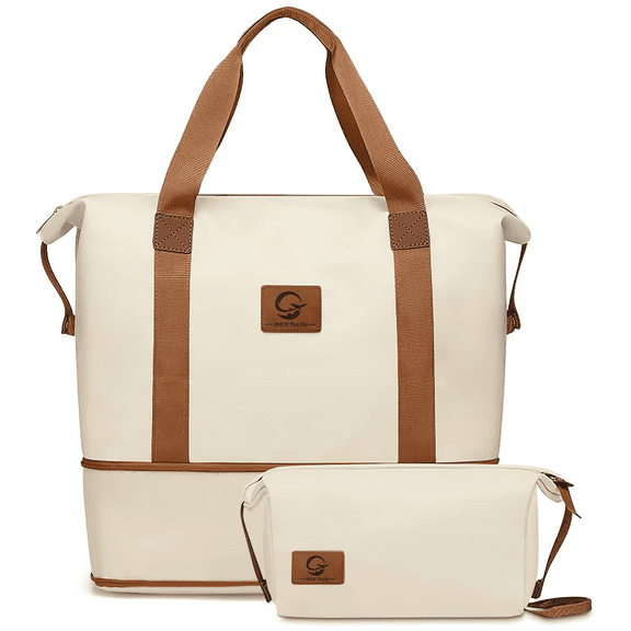 CshidWorld Expandable Women's Travel Duffle Bag - Waterproof Yoga Gym Weekender Overnight Bag with Wet Pocket & Toiletry Bag, Carry-On Duffel Tote for Business Trips, Sports, Hospital (Off-White)