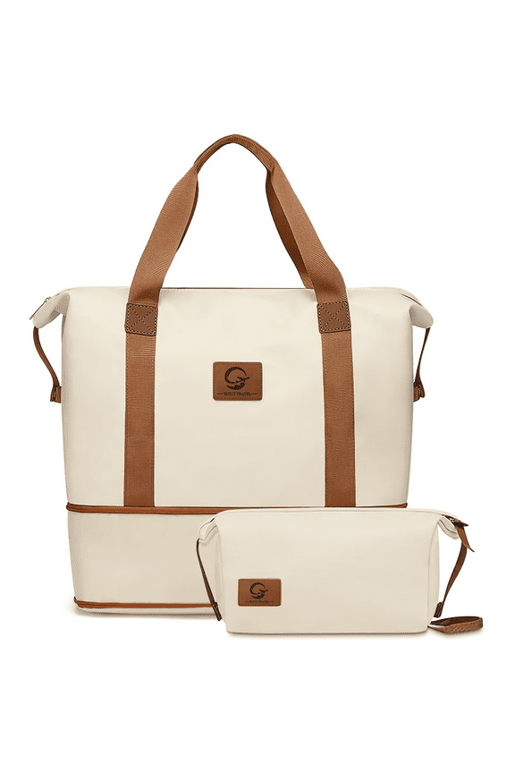 Expandable Women's Travel Duffle Bag - Waterproof Yoga Gym Weekender Overnight Bag with Wet Pocket & Toiletry Bag, Carry-On Duffel Tote for Business Trips, Sports, Hospital (Off-White)