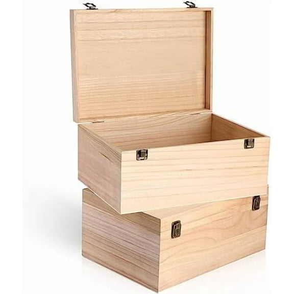 2 Pcs Unfinished Wooden Box 14 x 10 x 6.5 Inch Treasure Chest Craft Box with Hinged Lid Rustic Large Paint Box Stash Crate for Storage Carving DIY Gift$$Art & Craft