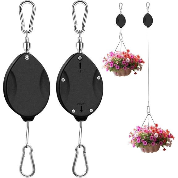 2 Pcs Upgraded Heavy Duty Retractable Plant Hanger,Plant Pulleys for Hanging Plants,Easy to Raise and Lower,Auto Lock,Adjustable Hook for Garden Baskets Pots,Birds Feeder and Grow Lights,Black