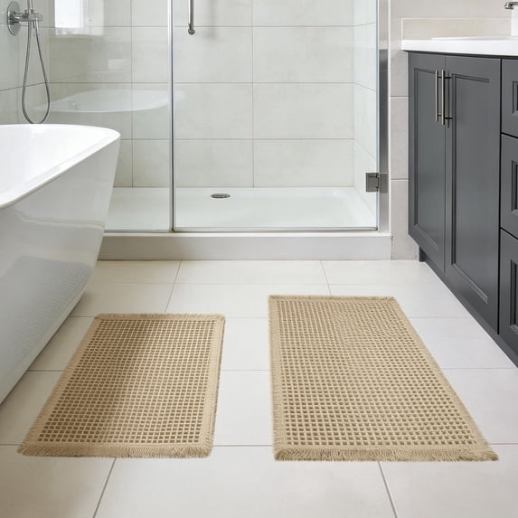 2 Pcs Upgraded Waffle Bath Mat, Super Absorbent Non Slip Bath Mats for Bathroom Floor, Machine Washable Bathroom Rugs with Tassels, Rubber Backed Bathroom Mats, Ultra Soft, Khaki