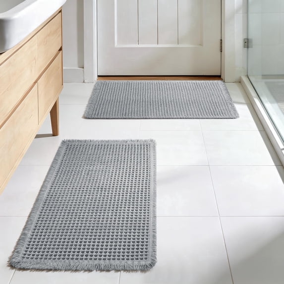 2 Pcs Upgraded Waffle Bath Mat, Super Absorbent Non Slip Bath Mats for Bathroom Floor, Machine Washable Bathroom Rugs with Tassels, Rubber Backed Bathroom Mats, Ultra Soft, Grey