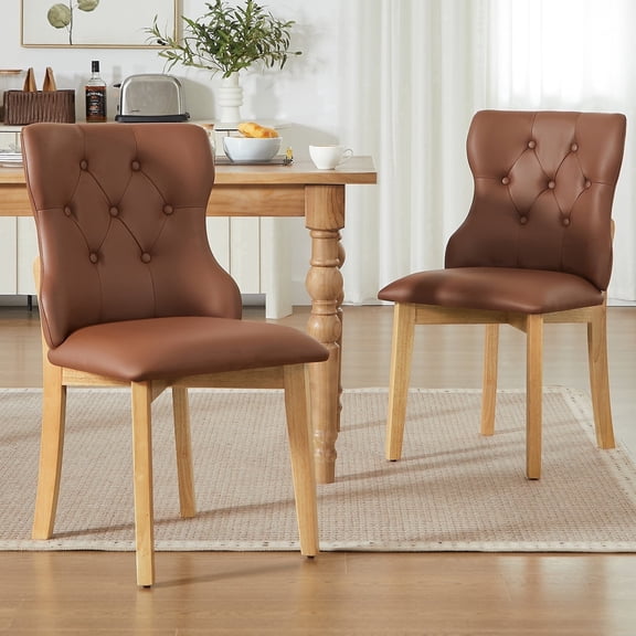 2 Pcs Upholstered Dining Chairs, Faux Leather Button Tufted Side Chair, Solid Rubberwood Leg Mid-Century Modern Vanity Chair for Kitchen Living Room(brown)