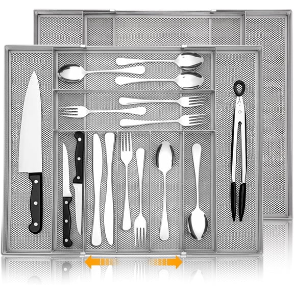 2 Pcs Utensil Drawer Silverware Organizer, Metal Mesh Expandable 13" ~24" Kitchen Drawer Organizer, 7-9 Slots Cutlery Tray Dividers for Kitchen Flatware Christmas Housewarming Gift (Sliver)