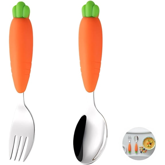 2 Pcs Utensils Set Little One Size Carrot Design 304 Stainless Fork And Spoon With Silicone HandleforFeeding Training, Carrot Design Baby Utensils, Silicone Handle Feeding Spoon