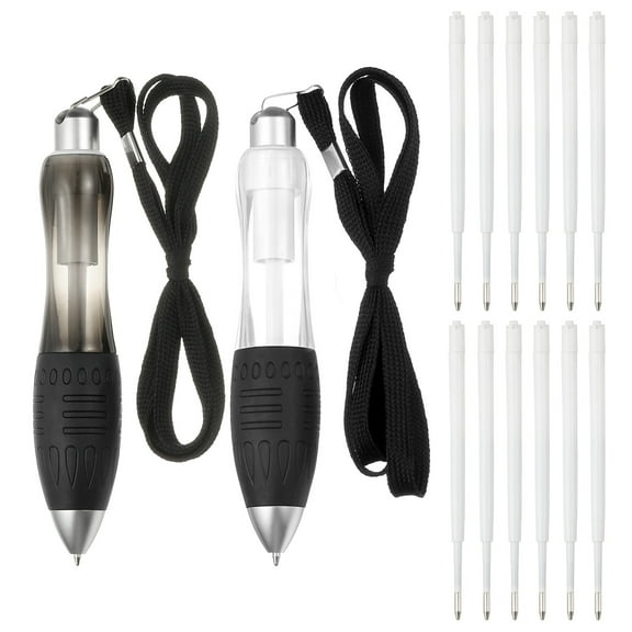 2 Pcs Uxcell Big Fat Pens, Black, Clear Heavy Weighted Ballpoint Pen Retractable Wide Grip Thick Pen with Strap for Hand Tremors Elderly Handicap(6 Black Refills + 6 Blue Refills)
