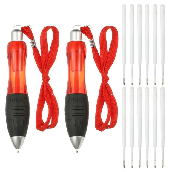 2 Pcs Uxcell Big Fat Pens, Red Heavy Weighted Ballpoint Pen Retractable Wide Grip Thick Pen with Strap for Hand Tremors Elderly Handicap(6 Black Refills + 6 Blue Refills)