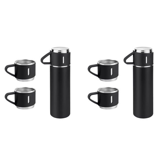 2 Pcs Vacuum Insulated Water Bottle Set 500ml 16.9oz Black, Stainless Steel Double Wall Hot Cold Flask with 2 Cups, Leakproof Travel Coffee Thermos Gift Set, Drinkware