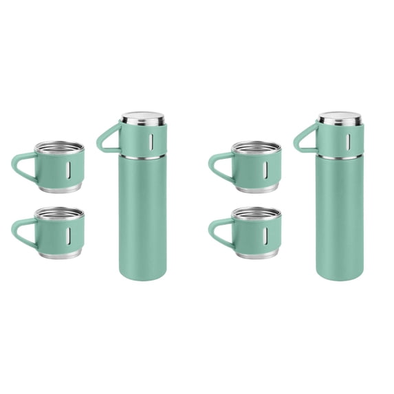 2 Pcs Vacuum Insulated Water Bottle Set 500ml 16.9oz Green, Stainless Steel Double Wall Hot Cold Flask with 2 Cups, Leakproof Travel Coffee Thermos Gift Set, Drinkware