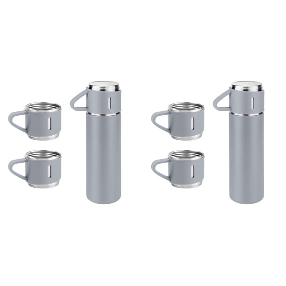 2 Pcs Vacuum Insulated Water Bottle Set 500ml 16.9oz Grey, Stainless Steel Double Wall Hot Cold Flask with 2 Cups, Leakproof Travel Coffee Thermos Gift Set, Drinkware