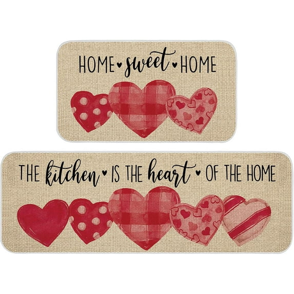 2 Pcs Valentine Day Kitchen Mats Love Heart Kitchen Rug Valentine''s Day Doormat Non-Slip Absorbent Floor Mat Seasonal Kitchen Decorative Mat 17x29 and 17x47 Inch(Bright Pattern)