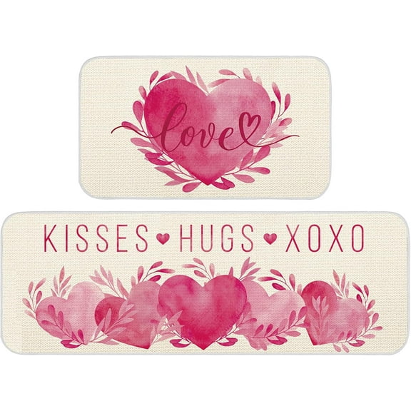 2 Pcs Valentine Day Kitchen Mats Love Heart Kitchen Rug Valentine''s Day Doormat Non-Slip Absorbent Floor Mat Seasonal Kitchen Decorative Mat 17x29 and 17x47 Inch(Cute Pattern)