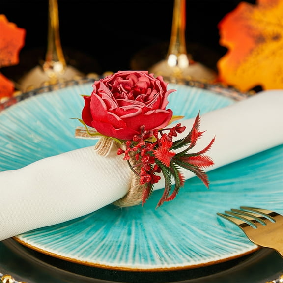 2 Pcs Valentine’s Day Artificial Rose Napkin Rings, Faux Flower Holders for Wedding Romantic Dinner, Alloy Napkin Rings for Anniversary Table Setting