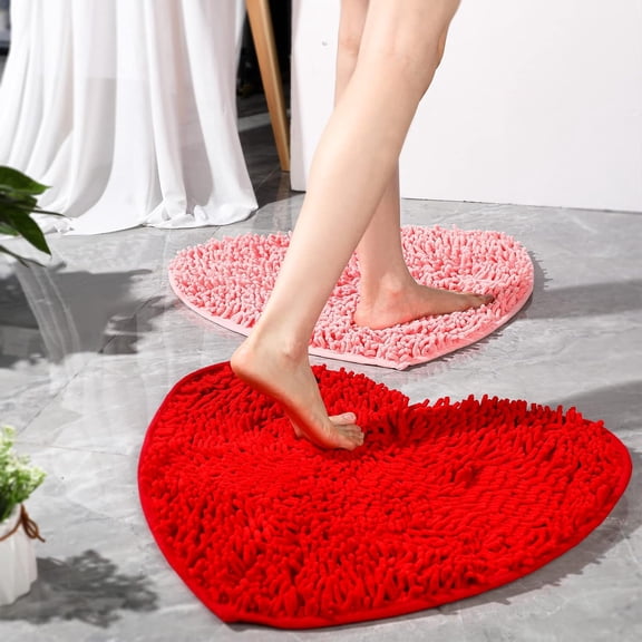 2 Pcs Valentine's Day Heart Shaped Rug - Love Chenille Non-Slip Floor Mat for Bathroom, Living Room (Red & Pink, 20x24 Inches)-dh