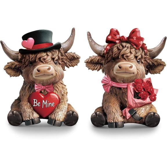2 Pcs Valentine's Day Highland Cow Figurines Love Heart Rose Highland Cow Gnomes Scottish Resin Statue Calf Lovers Romantic Gifts for Valentines Home Kitchen Office Tiered Tray Table Easter Decora