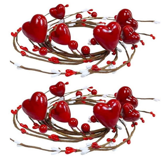 2 Pcs Valentine's Day Red Heart Candle Rings Valentine Red Berry Candle Holder Wreaths, Artificial Red Mini Wreaths Table Centerpiece for Mother's Day Valentine's Day Birthday