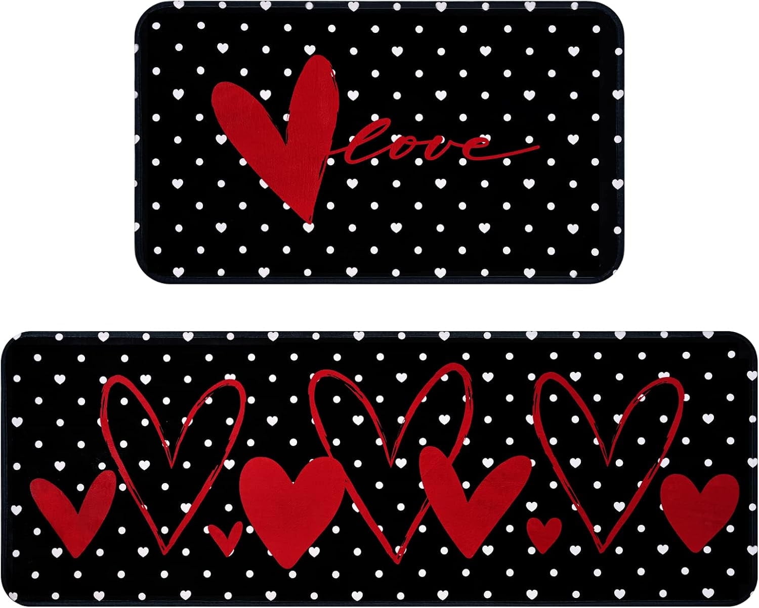 2 Pcs Valentines'' Day Kitchen Rugs, Black Kitchen Area Rug Set, Love Heart Doormat Set with Non Slip Backing, Absorbent Anti Fatigue Kitchen Mats for Laundry Room Floor Bedroom Home Decor