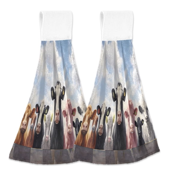 2 Pcs Various Color Cows Kitchen Hand Towels with Hanging Loops Absorbent Soft Fast Drying Decor Bath Towels